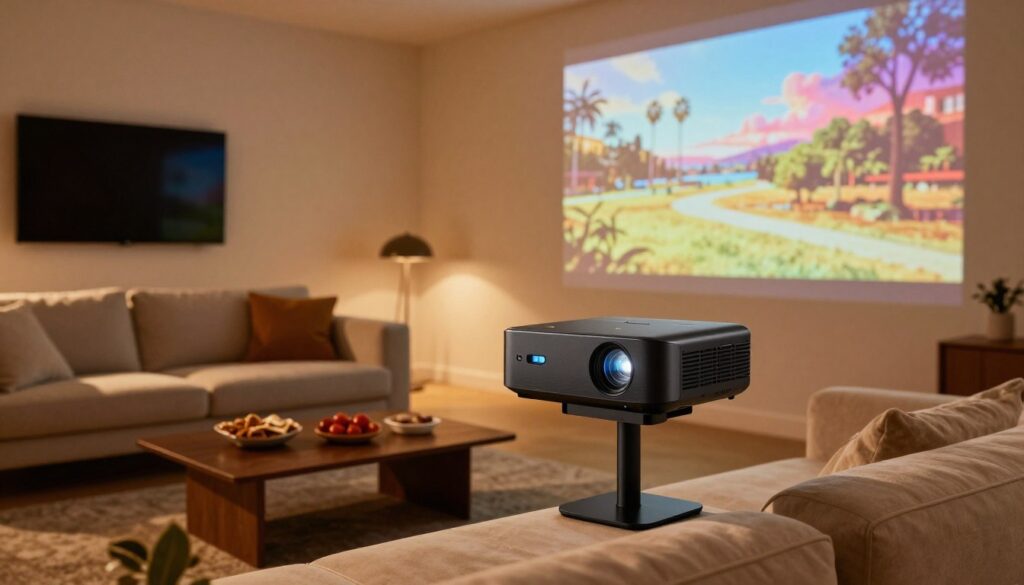 A modern projector set up in a stylish living room, showcasing its mobility with a portable stand and an adjustable height feature. In the foreground, the projector projects a vibrant image onto a large blank wall, illustrating its use for movie watching. The middle ground features a comfortable sofa with neatly arranged cushions and a coffee table adorned with snacks, creating a cozy atmosphere. In the background, there's a television mounted on the wall, contrasting the projector’s movable setup. The room is filled with warm, ambient lighting, lending a welcoming feel. The angle of the scene captures both the projector and the television, emphasizing their roles in a modern entertainment space. The overall mood is inviting and relaxed, perfect for film nights. A modern projector set up in a stylish living room, showcasing its mobility with a portable stand and an adjustable height feature. In the foreground, the projector projects a vibrant image onto a large blank wall, illustrating its use for movie watching. The middle ground features a comfortable sofa with neatly arranged cushions and a coffee table adorned with snacks, creating a cozy atmosphere. In the background, there's a television mounted on the wall, contrasting the projector’s movable setup. The room is filled with warm, ambient lighting, lending a welcoming feel. The angle of the scene captures both the projector and the television, emphasizing their roles in a modern entertainment space. The overall mood is inviting and relaxed, perfect for film nights.