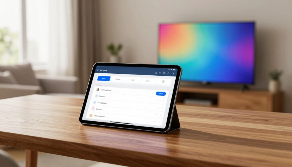 A modern tablet sitting on a wooden desk, connected to a sleek flat-screen TV in a contemporary living room. The tablet displays a settings screen showcasing compatibility options with the TV, illuminated by soft, natural lighting streaming through a nearby window. In the foreground, the tablet is highlighted with a gentle reflection, while the TV in the background showcases vibrant colors, clearly demonstrating a successful connection. The room feels warm and inviting, with comfortable furniture and minimalistic décor. The angle is slightly elevated, capturing both devices and the cozy ambiance, emphasizing the concept of digital connectivity between the tablet and television, without any text or distractions.