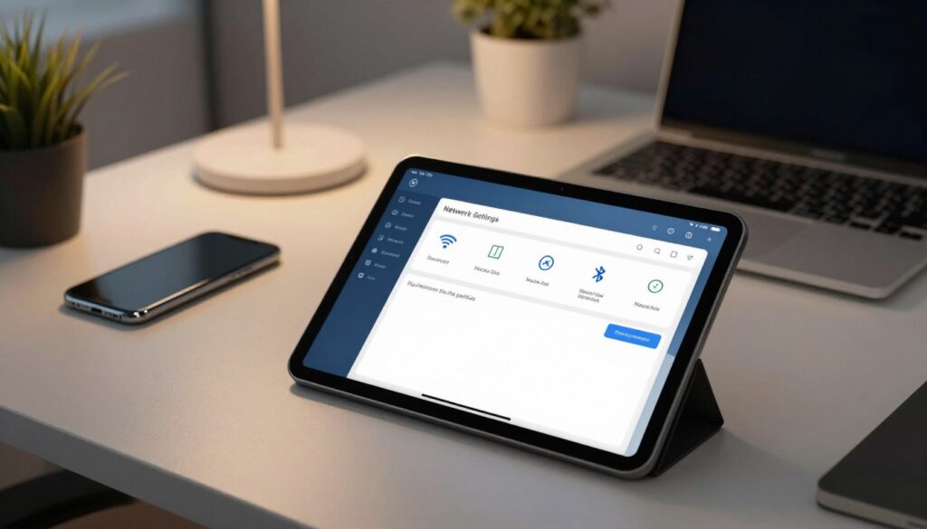A modern technology workspace featuring a tablet on a sleek desk. The foreground shows the tablet's screen displaying a user-friendly network settings menu, with icons for Wi-Fi, Bluetooth, and Mobile Data clearly visible. In the middle, there are various technical gadgets like a smartphone and a laptop, suggesting a digital ecosystem. The background reveals soft-focus elements, like a contemporary office environment with subtle lighting that creates a calm and focused atmosphere. The lighting is warm and inviting, highlighting the tablet while casting gentle shadows. The angle is slightly overhead, emphasizing both the tablet and the surrounding tech. The image conveys a sense of organization and precision, perfect for illustrating network settings reset instructions. A modern technology workspace featuring a tablet on a sleek desk. The foreground shows the tablet's screen displaying a user-friendly network settings menu, with icons for Wi-Fi, Bluetooth, and Mobile Data clearly visible. In the middle, there are various technical gadgets like a smartphone and a laptop, suggesting a digital ecosystem. The background reveals soft-focus elements, like a contemporary office environment with subtle lighting that creates a calm and focused atmosphere. The lighting is warm and inviting, highlighting the tablet while casting gentle shadows. The angle is slightly overhead, emphasizing both the tablet and the surrounding tech. The image conveys a sense of organization and precision, perfect for illustrating network settings reset instructions.