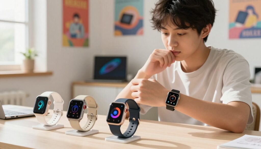 A modern teenager exploring a selection of stylish smartwatches in a cozy, bright room. In the foreground, a desk with three different smartwatches displayed prominently, showcasing various designs and colors suitable for both casual and sporty lifestyles. In the middle ground, a young individual (male or female) dressed in simple casual clothing, intently examining the watches, with a thoughtful expression. The background features colorful posters and gadgets hinting at a youthful, tech-savvy environment. Soft, natural lighting streams in from a window, creating a warm and inviting atmosphere. The angle should be slightly elevated to capture the watch selection and the teenager's engagement, ensuring a focus on the smartwatches and their appeal.