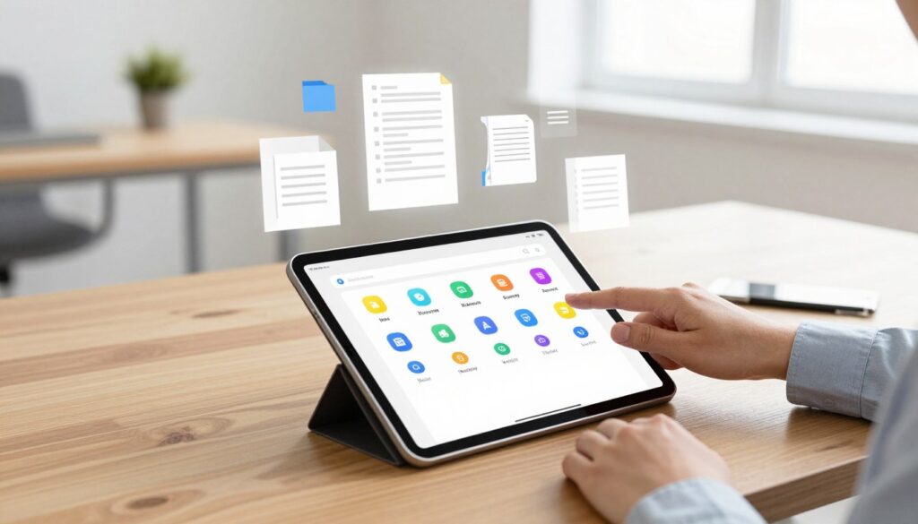 A neatly organized digital workspace featuring a modern tablet on a sleek wooden desk, the tablet's screen displaying a user-friendly interface with colorful icons representing different apps. In the foreground, a pair of hands, dressed in professional attire, are gently swiping through the screen, illustrating the process of managing internal memory. The middle ground includes a variety of digital files and documents floating in soft light, symbolizing data organization and decluttering. In the background, a well-lit minimalistic office space, with natural light filtering through a large window, enhances the productive atmosphere. The mood is one of focus and efficiency, with warm tones to reinforce comfort and clarity. The image captures the essence of optimizing a tablet’s performance through effective memory management. A neatly organized digital workspace featuring a modern tablet on a sleek wooden desk, the tablet's screen displaying a user-friendly interface with colorful icons representing different apps. In the foreground, a pair of hands, dressed in professional attire, are gently swiping through the screen, illustrating the process of managing internal memory. The middle ground includes a variety of digital files and documents floating in soft light, symbolizing data organization and decluttering. In the background, a well-lit minimalistic office space, with natural light filtering through a large window, enhances the productive atmosphere. The mood is one of focus and efficiency, with warm tones to reinforce comfort and clarity. The image captures the essence of optimizing a tablet’s performance through effective memory management.