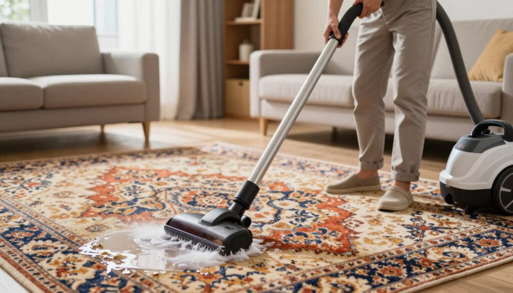 A scene depicting the process of carpet and upholstery cleaning with a washing vacuum cleaner, set in a well-lit, modern living room. In the foreground, a professional technician in modest casual clothing operates a high-quality washing vacuum cleaner, focused on a luxurious area rug with intricate patterns. The middle ground features the carpet's vibrant texture being cleaned, with water and soap bubbles visibly lifting dirt. The background includes tasteful furniture, such as a sofa and bookshelf, giving a homey atmosphere. Soft natural lighting from a nearby window creates a warm, inviting ambiance. The angle captures the technician's concentration and the effectiveness of the cleaning process, ensuring a dynamic yet informative composition. A scene depicting the process of carpet and upholstery cleaning with a washing vacuum cleaner, set in a well-lit, modern living room. In the foreground, a professional technician in modest casual clothing operates a high-quality washing vacuum cleaner, focused on a luxurious area rug with intricate patterns. The middle ground features the carpet's vibrant texture being cleaned, with water and soap bubbles visibly lifting dirt. The background includes tasteful furniture, such as a sofa and bookshelf, giving a homey atmosphere. Soft natural lighting from a nearby window creates a warm, inviting ambiance. The angle captures the technician's concentration and the effectiveness of the cleaning process, ensuring a dynamic yet informative composition.