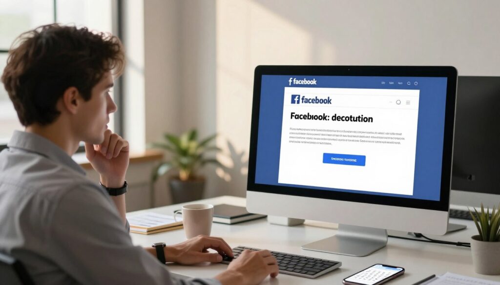 A serene office space depicting a computer screen displaying Facebook's deactivation page. In the foreground, a well-dressed professional, attentively reading about account deletion, looks contemplative, dressed in a business casual outfit. The middle ground features a clean desk with a coffee mug, a notepad with scribbled notes, and a smartphone displaying a calendar reminder about the data retention period. The background shows a softly lit room with a large window letting in natural light, casting gentle shadows on the walls. The overall mood is reflective and focused, symbolizing the important decision of account deletion. Use warm tones to create an inviting atmosphere and a slight depth of field to draw attention to the foreground. A serene office space depicting a computer screen displaying Facebook's deactivation page. In the foreground, a well-dressed professional, attentively reading about account deletion, looks contemplative, dressed in a business casual outfit. The middle ground features a clean desk with a coffee mug, a notepad with scribbled notes, and a smartphone displaying a calendar reminder about the data retention period. The background shows a softly lit room with a large window letting in natural light, casting gentle shadows on the walls. The overall mood is reflective and focused, symbolizing the important decision of account deletion. Use warm tones to create an inviting atmosphere and a slight depth of field to draw attention to the foreground.