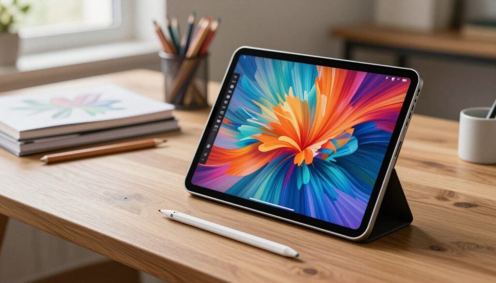A sleek Apple iPad Air is positioned in the foreground on a modern wooden desk, showcasing its stunning screen displaying vibrant digital artwork. The latest Apple Pencil lies beside it, emphasizing its functionality for drawing. In the middle, a creative workspace is visible with art supplies, including sketchbooks and colored pencils, reflecting an inspiring artistic environment. The background features soft natural lighting filtering through a window, creating a warm atmosphere that invites creativity. The scene is captured with a shallow depth of field to accentuate the iPad while gently blurring the workspace behind, rendering a professional yet inviting vibe that highlights the iPad Air as an ideal mobile drawing tablet.