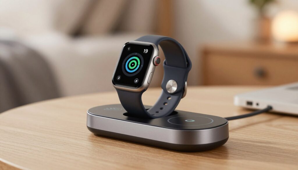 A sleek and modern smartwatch charging dock designed for wireless charging, prominently displayed in the foreground. The dock features a smooth, minimalist aesthetic with a subtle glow emanating from the charging surface, highlighting its advanced technology. In the middle ground, a stylish smartwatch is placed on the dock, showcasing its face lit up to indicate charging status. The background consists of a softly blurred ambient setting, evoking a sense of a modern workspace or a cozy bedside table, with warm lighting that creates an inviting atmosphere. The overall composition is well-lit, with a focus on the dock and smartwatch, emphasizing their design and functionality in a professional manner. A sleek and modern smartwatch charging dock designed for wireless charging, prominently displayed in the foreground. The dock features a smooth, minimalist aesthetic with a subtle glow emanating from the charging surface, highlighting its advanced technology. In the middle ground, a stylish smartwatch is placed on the dock, showcasing its face lit up to indicate charging status. The background consists of a softly blurred ambient setting, evoking a sense of a modern workspace or a cozy bedside table, with warm lighting that creates an inviting atmosphere. The overall composition is well-lit, with a focus on the dock and smartwatch, emphasizing their design and functionality in a professional manner.