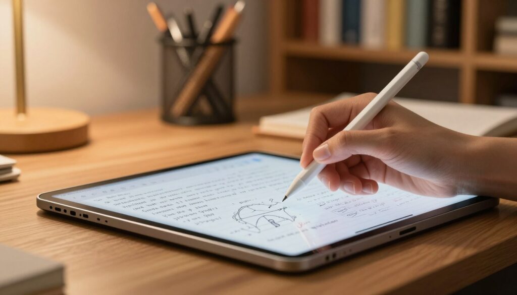 A sleek digital tablet with a stylus prominently displayed in the foreground. The stylus is elegantly designed, showcasing its fine tip, capturing the essence of handwriting. The tablet screen shows neatly written notes and diagrams, demonstrating its functionality for hand-drawn annotations. The middle ground features a cozy study environment, with a wooden desk and soft ambient lighting, enhancing the warm and inviting atmosphere. In the background, a blurred bookshelf filled with educational materials and stationery items creates an academic feel. The scene is softly illuminated, suggesting a thoughtful and productive mood, ideal for studying and note-taking. A sleek digital tablet with a stylus prominently displayed in the foreground. The stylus is elegantly designed, showcasing its fine tip, capturing the essence of handwriting. The tablet screen shows neatly written notes and diagrams, demonstrating its functionality for hand-drawn annotations. The middle ground features a cozy study environment, with a wooden desk and soft ambient lighting, enhancing the warm and inviting atmosphere. In the background, a blurred bookshelf filled with educational materials and stationery items creates an academic feel. The scene is softly illuminated, suggesting a thoughtful and productive mood, ideal for studying and note-taking.