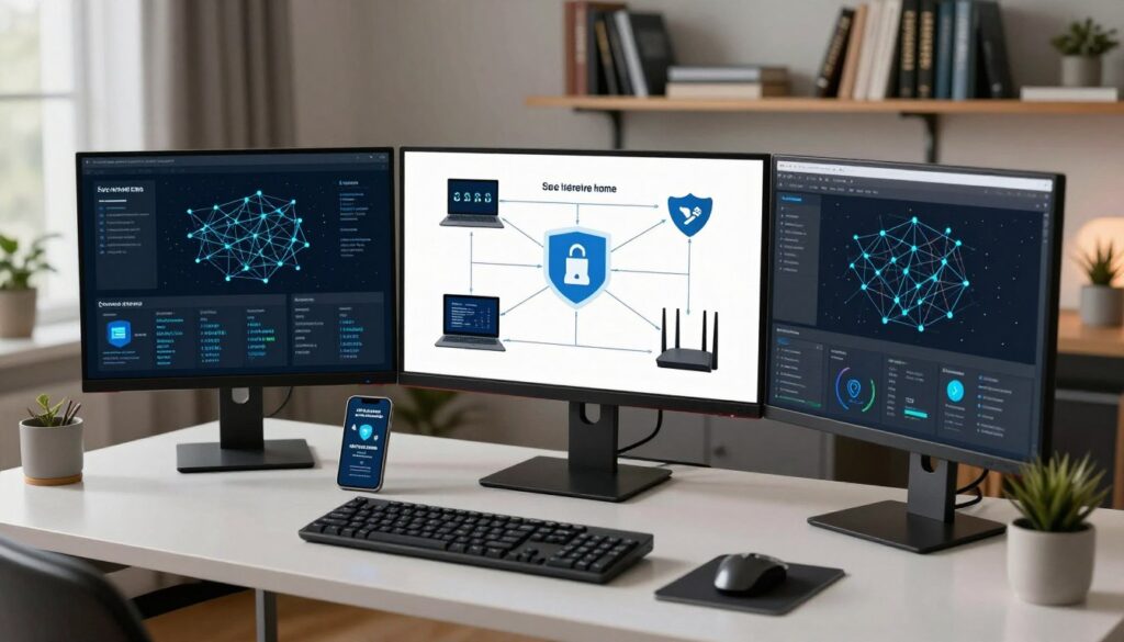 A sleek, modern home office setup serves as the foreground, showcasing a high-end computer with multiple monitors displaying cybersecurity statistics and network maps. In the middle ground, a diagram of a secure home network appears, illustrating connections between devices such as laptops, smartphones, and a router, all protected by firewalls and antivirus icons. The background features a cozy, well-lit room with shelves filled with tech books, and soft ambient lighting that creates a professional and focused atmosphere. The scene is captured from a slightly elevated angle to emphasize the technology, creating a sense of depth and security. The overall mood is one of confidence and preparedness, highlighting effective computer and home network protection. A sleek, modern home office setup serves as the foreground, showcasing a high-end computer with multiple monitors displaying cybersecurity statistics and network maps. In the middle ground, a diagram of a secure home network appears, illustrating connections between devices such as laptops, smartphones, and a router, all protected by firewalls and antivirus icons. The background features a cozy, well-lit room with shelves filled with tech books, and soft ambient lighting that creates a professional and focused atmosphere. The scene is captured from a slightly elevated angle to emphasize the technology, creating a sense of depth and security. The overall mood is one of confidence and preparedness, highlighting effective computer and home network protection.