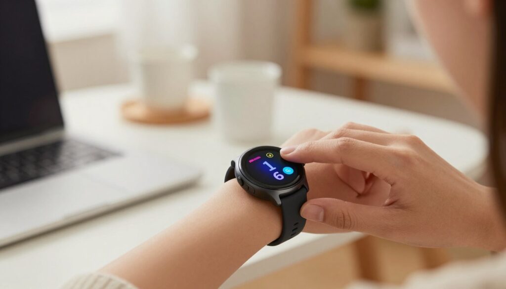 A sleek, modern smartwatch displaying a digital blood pressure reading without a cuff, showcasing an innovative approach to mobile health monitoring. In the foreground, the watch with a vibrant screen glows softly, emphasizing its technology. The middle layer features a hand gently touching the watch, capturing the ease of use and accessibility of this new device. The background is a softly blurred view of a cozy, well-lit room with a desk, suggesting a personal, comfortable environment. Use warm, inviting lighting to enhance the mood of trust and reliability. A slight angle from above captures the details of the watch and hand interaction, focusing on the futuristic design. The overall atmosphere is hopeful and forward-thinking, representing the future of blood pressure measurement.