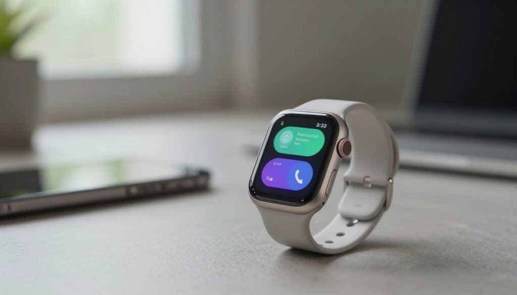 A sleek silver women's smartwatch elegantly displaying notifications, messages, and call alerts on its vibrant touchscreen, positioned prominently in the foreground. The smartwatch has a minimalist design with a polished surface, reflecting soft ambient lighting. In the middle ground, a modern, stylish workspace is visible, featuring a subtle hint of a desk with a smartphone nearby, emphasizing the convenience of not reaching for it. The background softly blurs to focus on the watch, with gentle natural light filtering through a nearby window, creating a calm and professional atmosphere. The overall mood is sophisticated yet functional, capturing the essence of modern technology seamlessly integrated into daily life. A sleek silver women's smartwatch elegantly displaying notifications, messages, and call alerts on its vibrant touchscreen, positioned prominently in the foreground. The smartwatch has a minimalist design with a polished surface, reflecting soft ambient lighting. In the middle ground, a modern, stylish workspace is visible, featuring a subtle hint of a desk with a smartphone nearby, emphasizing the convenience of not reaching for it. The background softly blurs to focus on the watch, with gentle natural light filtering through a nearby window, creating a calm and professional atmosphere. The overall mood is sophisticated yet functional, capturing the essence of modern technology seamlessly integrated into daily life.