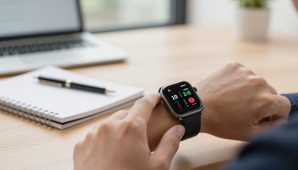 A sleek smartwatch displaying health metrics, prominently featuring a blood pressure measurement interface. In the foreground, the watch is centered, showing a clear, illuminated screen with numerical values representing health data. The middle layer includes a stylish hand wearing the smartwatch, lightly touching the device to indicate interaction. The background is a softly blurred desk with a notepad and a pen, suggesting a professional environment. Natural lighting spills in from a window, creating a calm and focused atmosphere. The color palette is warm and inviting, highlighting the technology of the smartwatch while maintaining a professional look, suitable for a health-related article.