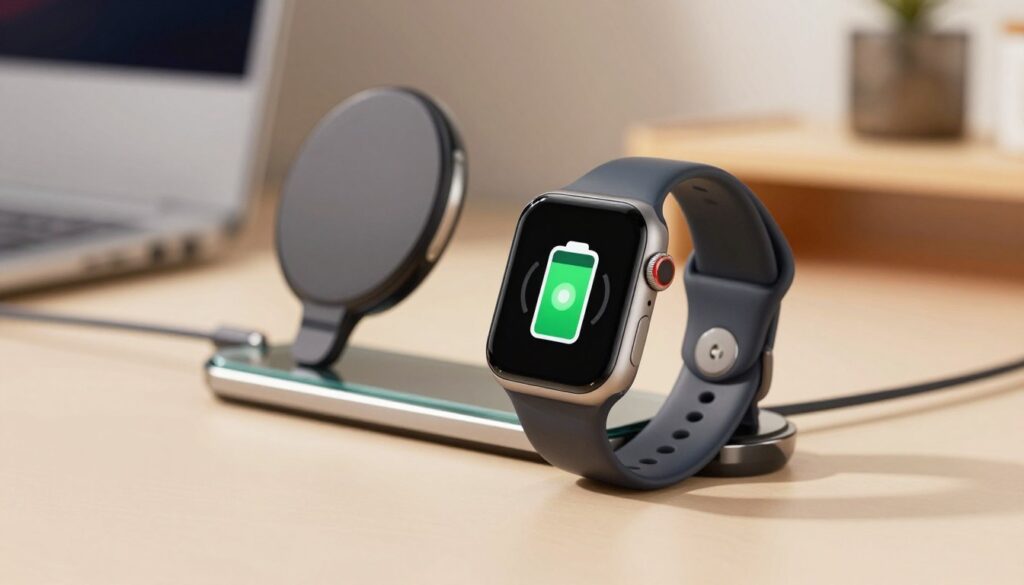 A sleek smartwatch with a vibrant display is positioned prominently in the foreground of the image, showcasing a battery icon indicating high charge. The middle ground features a modern charging dock made of glass and metal, with soft, ambient lighting creating a warm, inviting atmosphere. In the background, hints of a stylish home office environment are visible, with a soft-focus effect to keep the attention on the smartwatch. The lighting is bright yet soft, suggesting cleanliness and efficiency, with reflections subtly highlighting the smartwatch's features. The overall mood conveys a sense of technological sophistication and daily care, emphasizing the importance of maintaining battery life in a practical, everyday setting. A sleek smartwatch with a vibrant display is positioned prominently in the foreground of the image, showcasing a battery icon indicating high charge. The middle ground features a modern charging dock made of glass and metal, with soft, ambient lighting creating a warm, inviting atmosphere. In the background, hints of a stylish home office environment are visible, with a soft-focus effect to keep the attention on the smartwatch. The lighting is bright yet soft, suggesting cleanliness and efficiency, with reflections subtly highlighting the smartwatch's features. The overall mood conveys a sense of technological sophistication and daily care, emphasizing the importance of maintaining battery life in a practical, everyday setting.