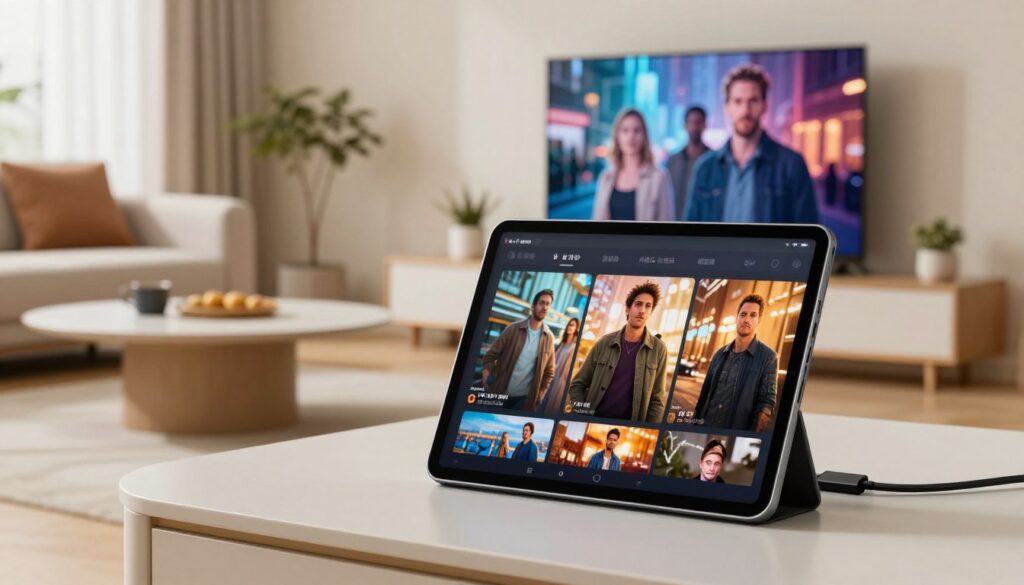 A sleek tablet connected to a modern flat-screen TV via an HDMI cable, positioned prominently in the foreground. The tablet displays a vibrant image, demonstrating its connection to the TV, where a captivating movie scene is playing. The middle ground features a cozy living room setup with a stylish coffee table and comfortable couch, inviting viewers to imagine engaging with the technology. In the background, soft ambient lighting highlights the high-tech environment, with minimalistic decor and potted plants adding a touch of warmth. The image conveys a sense of modern convenience and technological integration, ideal for showcasing the ease of wired tablet-to-TV connections. Lighting is bright yet soft, capturing a daytime setting, with a focus on clarity and detail throughout the composition.