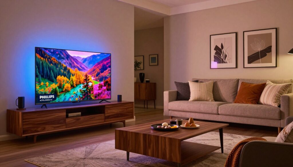 A stylish living room featuring the Philips 43PUS9060/12 Ambilight QLED television, prominently displayed in the foreground. The TV screen showcases vibrant colors and sharp contrast, reflecting a nature scene or vivid landscape. Surrounding the TV, a modern entertainment unit complements its sleek design, crafted from polished wood with a minimalist aesthetic. In the middle, a cozy sofa and decorative cushions in warm tones enhance the inviting atmosphere. The room has soft ambient lighting, with subtle hues emanating from the Ambilight feature of the TV, creating a relaxing mood. In the background, a tastefully decorated wall with framed artwork adds a touch of elegance. The scene is captured at eye level with a slightly wide-angle lens to emphasize the spaciousness and modern decor.