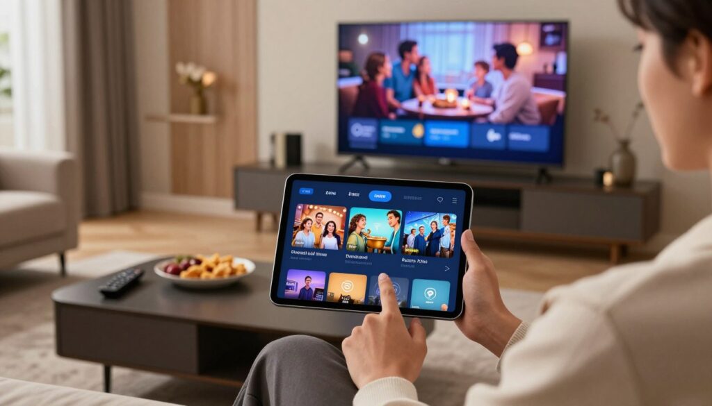 A stylish modern living room featuring a sleek tablet displaying vibrant media content paired wirelessly with a large, flat-screen television. In the foreground, a person, dressed in smart casual attire, is holding the tablet, tapping icons that reflect wireless media streaming. The middle ground showcases a coffee table with a remote control and snacks, while the background highlights the TV, showcasing an engaging image of a family enjoying a movie night. Soft ambient lighting creates a warm atmosphere, enhancing the coziness of the room. The angle is slightly elevated, giving a clear view of the tablet’s screen and the TV display. Overall, the scene conveys a sense of modern technology seamlessly blending into everyday life.