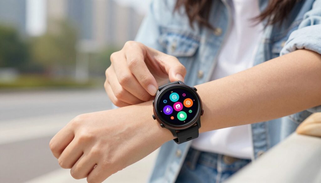A stylish smartwatch featuring a vibrant AMOLED display designed for teenagers. The watch is displayed prominently in the foreground, showcasing its sleek round face with a colorful, interactive interface filled with fitness and messaging apps. The middle ground includes a pair of hands, casually adjusting the watch on a teenage wrist, adorned with trendy casual clothing. In the background, a softly blurred urban setting implies a youthful lifestyle, with hints of nature and a sunny day. The image is captured with soft, natural lighting to evoke a bright and cheerful atmosphere, with a focus on modern design and comfort. The angle is slightly tilted, emphasizing the watch’s depth and features, ensuring it conveys both style and functionality, ideal for a teenager.