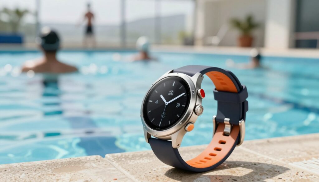 A stylish waterproof smartwatch designed for swimming and training, positioned prominently in the foreground. The watch features a sleek silver casing, a large display with touch interface, and customizable straps in vibrant colors. In the middle ground, showcase a serene swimming pool setting with gentle waves reflecting soft natural light, emphasizing its waterproof capabilities. In the background, incorporate blurred silhouettes of athletes engaged in various training activities, symbolizing functionality and versatility. The overall atmosphere should convey a sense of elegance and resilience, inviting the viewer to appreciate the smartwatch's blend of style and practicality under bright daylight. Use a shallow depth of field to focus on the smartwatch while softly blurring the background elements. A stylish waterproof smartwatch designed for swimming and training, positioned prominently in the foreground. The watch features a sleek silver casing, a large display with touch interface, and customizable straps in vibrant colors. In the middle ground, showcase a serene swimming pool setting with gentle waves reflecting soft natural light, emphasizing its waterproof capabilities. In the background, incorporate blurred silhouettes of athletes engaged in various training activities, symbolizing functionality and versatility. The overall atmosphere should convey a sense of elegance and resilience, inviting the viewer to appreciate the smartwatch's blend of style and practicality under bright daylight. Use a shallow depth of field to focus on the smartwatch while softly blurring the background elements.