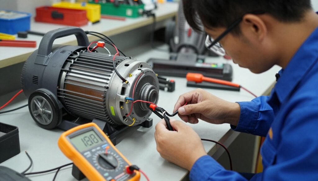 A technician in a workshop setting is focused on testing a vacuum cleaner motor with a multimeter. In the foreground, the multimeter displays a numeric readout while the technician, wearing a blue work shirt and safety glasses, is carefully inspecting the motor connections. In the middle ground, the disassembled vacuum cleaner showcases its motor with visible wires and components, reflecting a high level of detail. The background features workbenches with tools scattered around, emphasizing a practical diagnostic environment. Soft overhead lighting creates a serious yet focused atmosphere. The angle is slightly above eye level, capturing both the technician's concentration and the intricate details of the motor's wiring. A technician in a workshop setting is focused on testing a vacuum cleaner motor with a multimeter. In the foreground, the multimeter displays a numeric readout while the technician, wearing a blue work shirt and safety glasses, is carefully inspecting the motor connections. In the middle ground, the disassembled vacuum cleaner showcases its motor with visible wires and components, reflecting a high level of detail. The background features workbenches with tools scattered around, emphasizing a practical diagnostic environment. Soft overhead lighting creates a serious yet focused atmosphere. The angle is slightly above eye level, capturing both the technician's concentration and the intricate details of the motor's wiring.