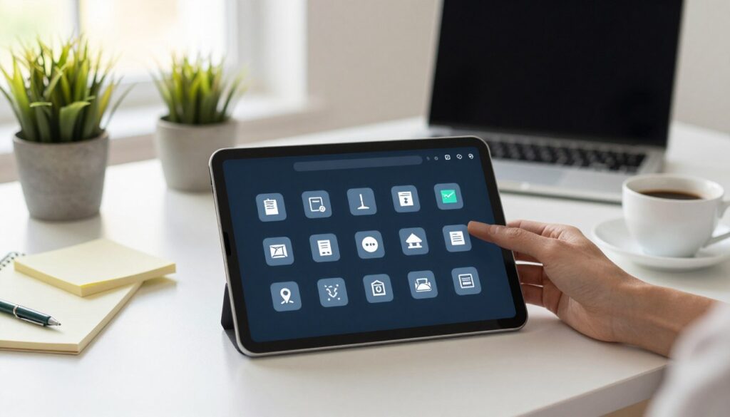 A vintage tablet sitting on a sleek, modern desk, surrounded by note-taking materials and a cup of coffee, emphasizing productivity. In the foreground, a hand gently streams organized digital icons from old apps to a smoother interface, symbolizing the process of improving tablet performance. The middle ground features a well-lit workspace, adorned with green plants and a soft-focus laptop, creating a calming atmosphere. The background is softly blurred, hinting at a bright window with natural light streaming in, suggesting a fresh and inviting mood. The image should have warm lighting, with a slight depth-of-field focus, capturing the essence of efficient and safe habits to optimize a tablet. A vintage tablet sitting on a sleek, modern desk, surrounded by note-taking materials and a cup of coffee, emphasizing productivity. In the foreground, a hand gently streams organized digital icons from old apps to a smoother interface, symbolizing the process of improving tablet performance. The middle ground features a well-lit workspace, adorned with green plants and a soft-focus laptop, creating a calming atmosphere. The background is softly blurred, hinting at a bright window with natural light streaming in, suggesting a fresh and inviting mood. The image should have warm lighting, with a slight depth-of-field focus, capturing the essence of efficient and safe habits to optimize a tablet.