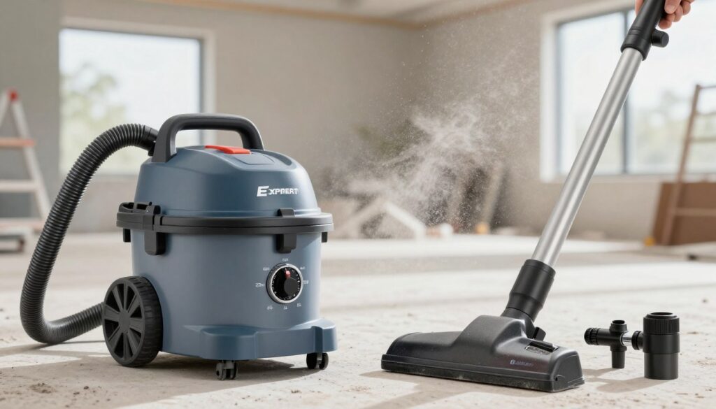 Expertly designed construction vacuum cleaner with a powerful suction feature, showcasing clear technical specifications. In the foreground, focus on the vacuum itself, highlighting a robust hose and functional attachments, with dials indicating vacuuming power levels. The middle layer shows a workspace with fine dust particles in the air, suggesting the vacuum's purpose in a renovation environment. The background features a blurred construction site with soft, natural lighting illuminating the scene, emphasizing the equipment's utility. Use a slightly elevated angle to capture the vacuum’s design and performance aspects. The overall mood conveys professionalism and efficiency, suitable for a construction or DIY setting.